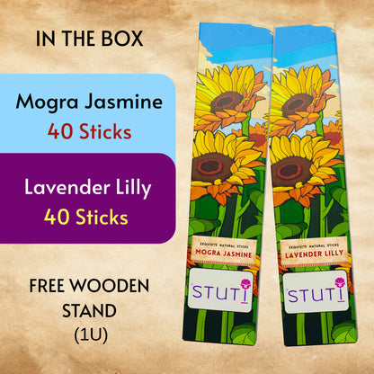 STUTI Premium Agarbatti for Pooja | Mogra Jasmine & Lavender Lilly (Pack of 2)