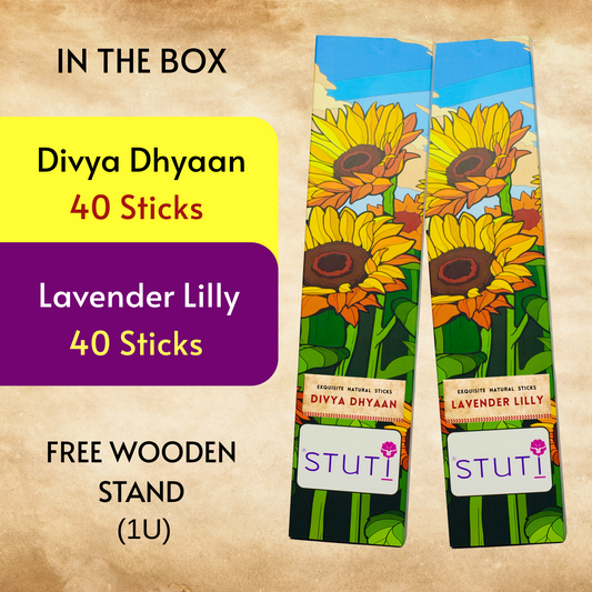 STUTI Premium Agarbatti for Pooja | Lavender Lilly & Divya Dhyaan (Pack of 2)