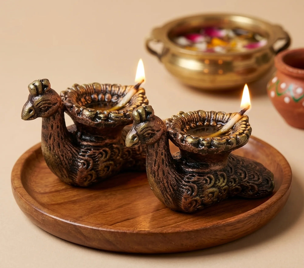 Terracotta Peacock Diya Set of 2